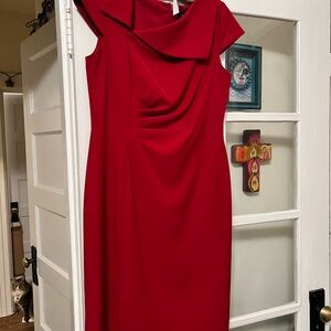Tahari Chic and Femme Red Draped Midi Dress with Asymmetric Fold Detail - Women